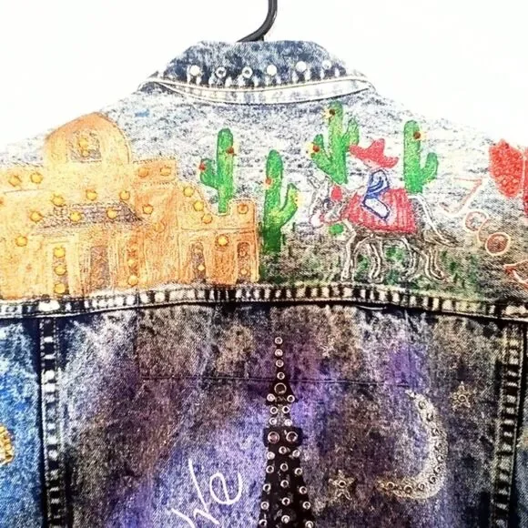 Vintage Jordache Acid Wash Upcycled Travel Theme Rhinestone Jean Jacket Size M - Picture 7 of 10